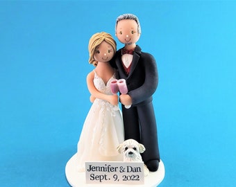 Bride & Groom with Glasses Of Wine and a Dog Custom Wedding Cake Topper - By MUDCARDS