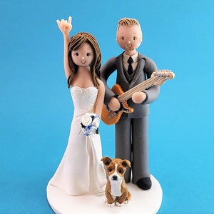 Bride & Groom with a Dog and Guitar Custom Made Wedding Cake Topper - By MUDCARDS