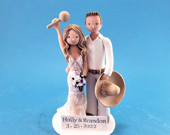 Bride & Groom Custom Made Mexican Theme Wedding Cake Topper - By MUDCARDS
