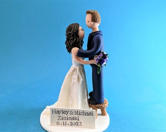 Bride & Short Groom on a Stool Custom Handmade Wedding Cake Topper - By MUDCARDS