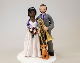 Trombonist & Doctor with a Cat Custom Made Wedding Cake Topper - by Mudcards