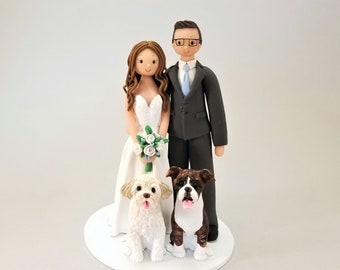 Bride & Groom with Dogs Custom Handmade Wedding Cake Topper - By MUDCARDS