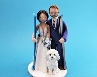 Bride & Groom with a Dog Custom Made Ski Theme Wedding Cake Topper - By MUDCARDS