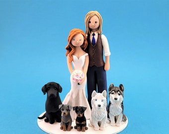 Bride & Groom with Pets Custom Handmade Wedding Cake Topper - By MUDCARDS