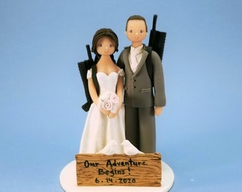 Bride & Groom with Guns Customized Wedding Cake Topper - By MUDCARDS