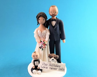 Custom Handmade Family Bride & Groom with a Baby and Dog Wedding Cake Topper - By MUDCARDS