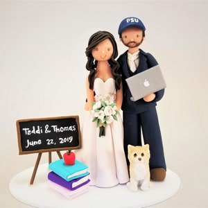 Può includere: Un topper per torta nuziale con una sposa e uno sposo in abito bianco e abito blu. Lo sposo indossa un berretto da baseball blu con le lettere "PSU" su di esso. La sposa tiene un bouquet di fiori bianchi. Lo sposo tiene un computer portatile. C'è un piccolo cane e una lavagna con il testo "Teddi & Thomas June 22, 2019" su di essa.