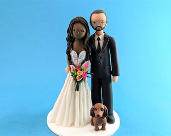 Bride & Groom with a Dachshund Custom Made Wedding Cake Topper - By MUDCARDS