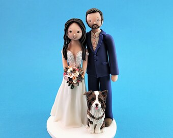 Bride & Groom with a Border Collie Custom Handmade Wedding Cake Topper - By MUDCARDS