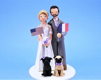 Bride & Groom with Pugs Customized Wedding Cake Topper - By MUDCARDS
