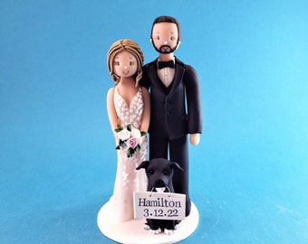 Bride & Groom with a Dog Custom Wedding Cake Topper - By MUDCARDS