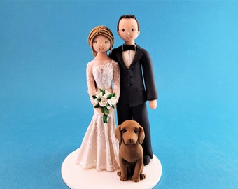 Bride & Groom with a Dog Custom Handmade Wedding Cake Topper - By MUDCARDS