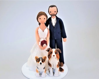 Bride & Groom with Dogs Custom Made Wedding Cake Topper by MUDCARDS