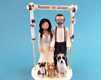 Bride & Groom with an Arch and Pets Custom Handmade Wedding Cake Topper - By MUDCARDS