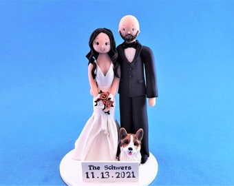 Bride & Groom with a Dog Custom Wedding Cake Topper - By MUDCARDS
