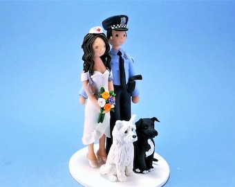 Police Officer & Nurse with Dogs Custom Wedding Cake Topper - By MUDCARDS