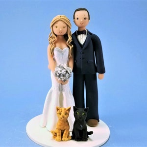 Bride & Groom with Cats Custom Made Wedding Cake Topper - By MUDCARDS