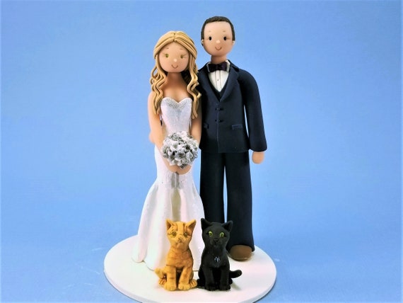 Bride & Groom with Cats Custom Handmade Wedding Cake Topper By MUDCARDS