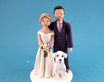 Bride & Groom with Dogs Custom Wedding Cake Topper - By MUDCARDS
