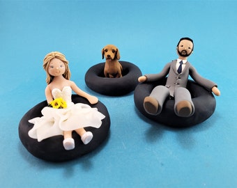 Bride & Groom with a Dog on River Tubes Custom Made Wedding Cake Topper - By MUDCARDS