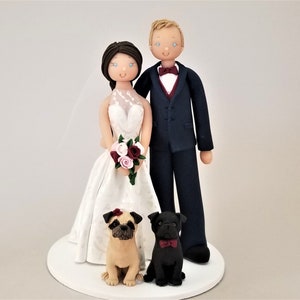 Bride & Groom with Pugs Personalized Wedding Cake Topper - by MUDCARDS