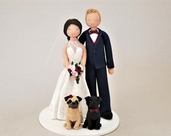 Bride & Groom with Pugs Personalized Wedding Cake Topper - by MUDCARDS