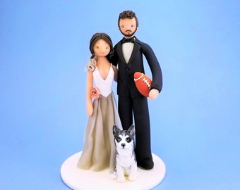Bride & Groom with a Dog Customized Wedding Cake Topper By MUDCARDS