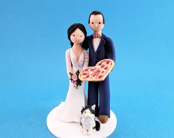 Bride & Groom with Pizza and a Cat Customized Wedding Cake Topper - By MUDCARDS