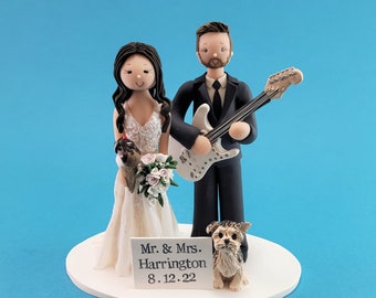 Bride & Groom with a Dog, Ice cream and Guitar Custom Handmade Wedding Cake Topper - By MUDCARDS