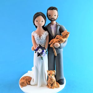 Wedding cake toppers Bride & Groom with 3 Cats Custom Made Wedding Cake Topper - By MUDCARDS
