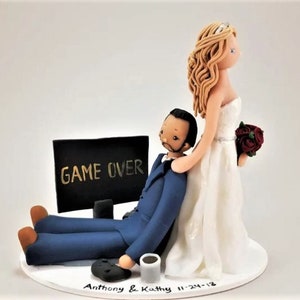 Bride Dragging Groom Gamer Personalized Wedding Cake Topper by MUDCARDS