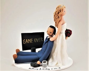 Bride Dragging Groom Gamer Personalized Wedding Cake Topper by MUDCARDS