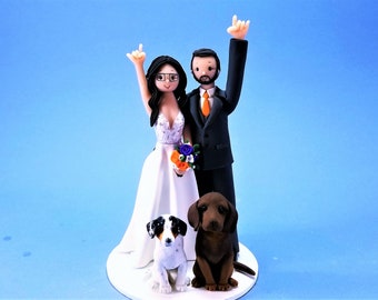 Bride & Groom with Dogs Customized Wedding Cake Topper - By MUDCARDS