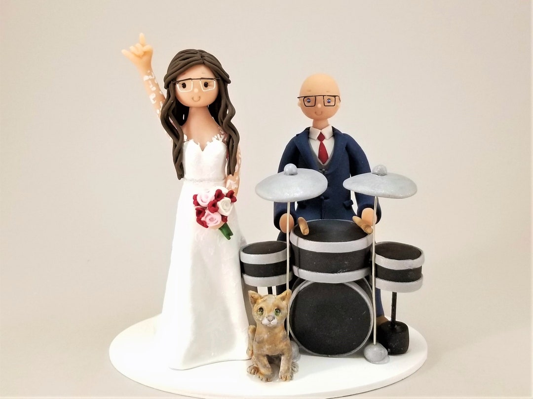 Bride & Groom With Drums and Cat Customized Wedding Cake Topper by ...