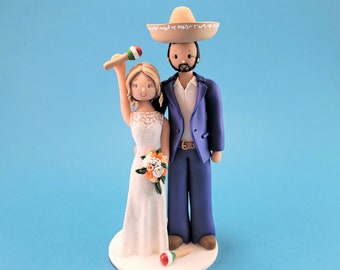 Bride & Groom Custom Handmade Mexican Theme Wedding Cake Topper - By MUDCARDS