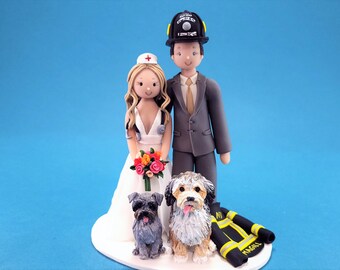 Firefighter & Nurse with Dogs Custom Handmade Bride and Groom Wedding Cake Topper - By MUDCARDS