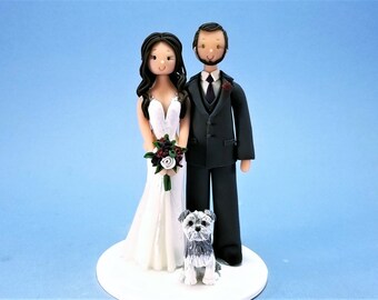 Bride & Groom with a Dog Custom Handmade Wedding Cake Topper - By MUDCARDS