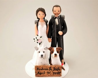 Backpacker with Dogs Personalized Wedding Cake Topper By MUDCARDS