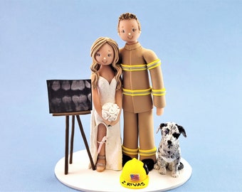 Dentist & Firefighter with a Dog Personalized Wedding Cake Topper - By MUDCARDS