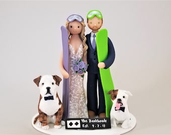 Wedding cake toppers Bride & Groom with Dogs Custom Handmade Snowboard/ Ski Theme Wedding Cake Topper - by MUDCARDS