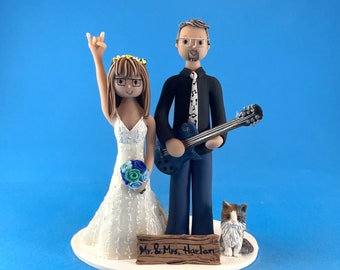 bride and groom with guitar and cat handmade engagement gift wedding cake topper