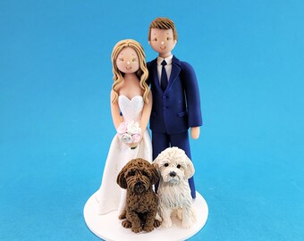 Bride & Groom with Dogs Custom Handmade Wedding Cake Topper - By MUDCARDS