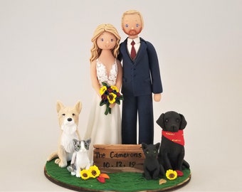 Bride & Groom with Pets Customized Outdoor Wedding Cake Topper - by MUDCARDS