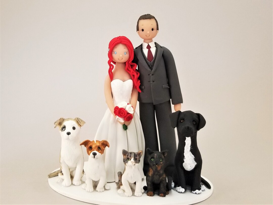 Bride & Groom With Pets Custom Handmade Wedding Cake Topper by - Etsy