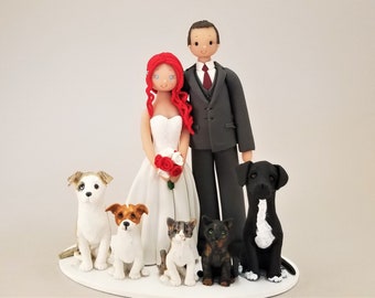 Bride & Groom with Pets Custom Handmade Wedding Cake Topper by MUDCARDS