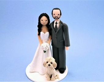 Bride & Groom with a Dog Custom Made Wedding Cake Topper - By MUDCARDS