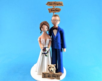 Bride & Groom with a Dog Custom Made Travel Theme Wedding Cake Topper - By MUDCARDS