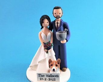 Bride & Groom with a Dog Customized Pharmacist Wedding Cake Topper - By MUDCARDS