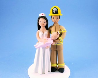 Firefighter & Nurse with a Baby Personalized Wedding Cake Topper - By MUDCARDS