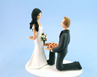 Bride & Groom with a Pizza Customized Wedding Cake Topper - By MUDCARDS